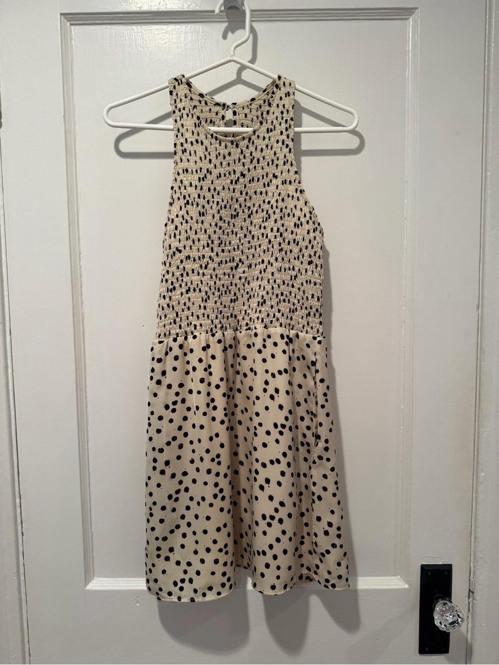 Cream Mini Skater Dress Smocked Polka Dots Racerback Sleeveless Size Small